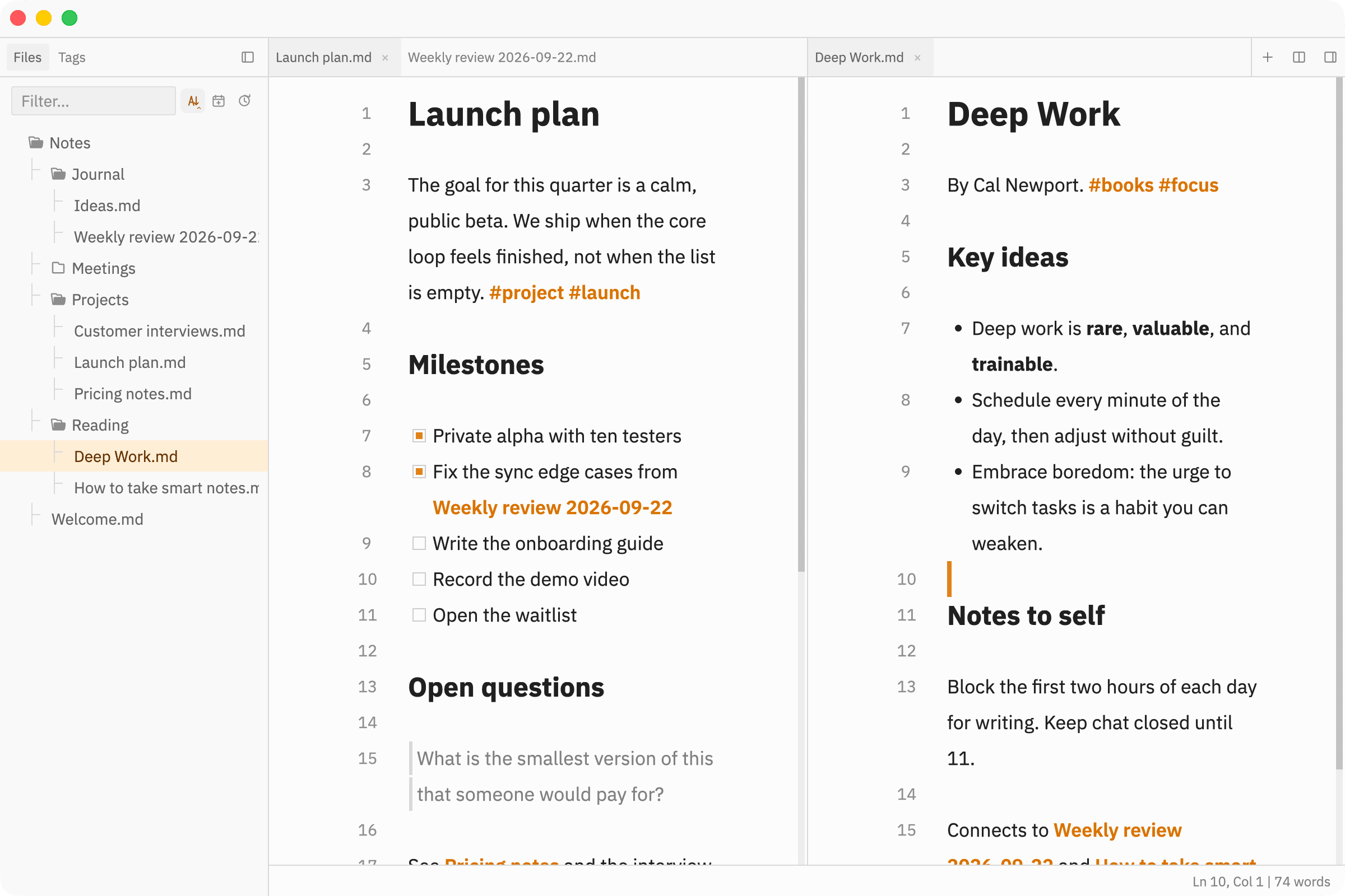 The editor split into two panes, each with its own note
