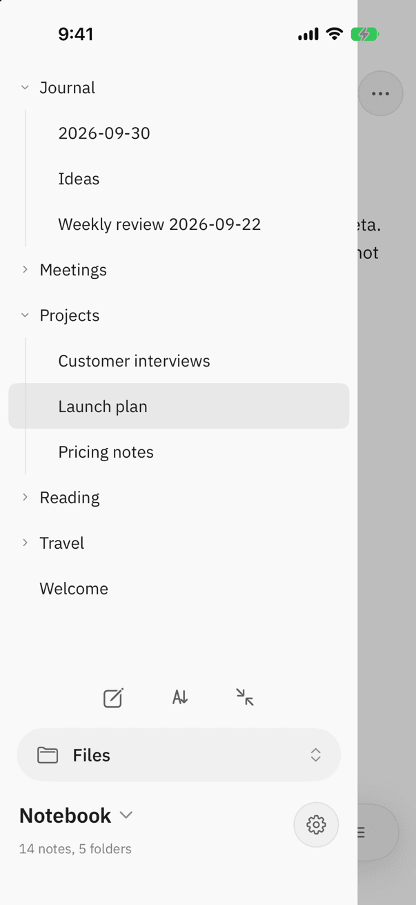 The Noter sidebar on iPhone with the vault's folders and notes
