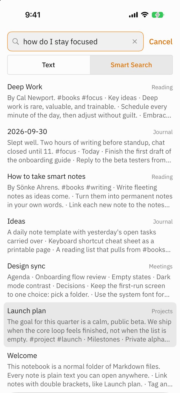 Smart Search on iPhone with notes that match a question by meaning