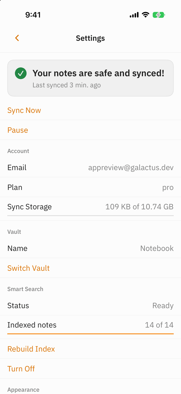 Noter settings on iPhone with the sync status of the open vault