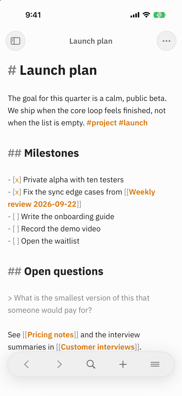 Noter on iPhone with a Markdown note open and the floating toolbar at the bottom