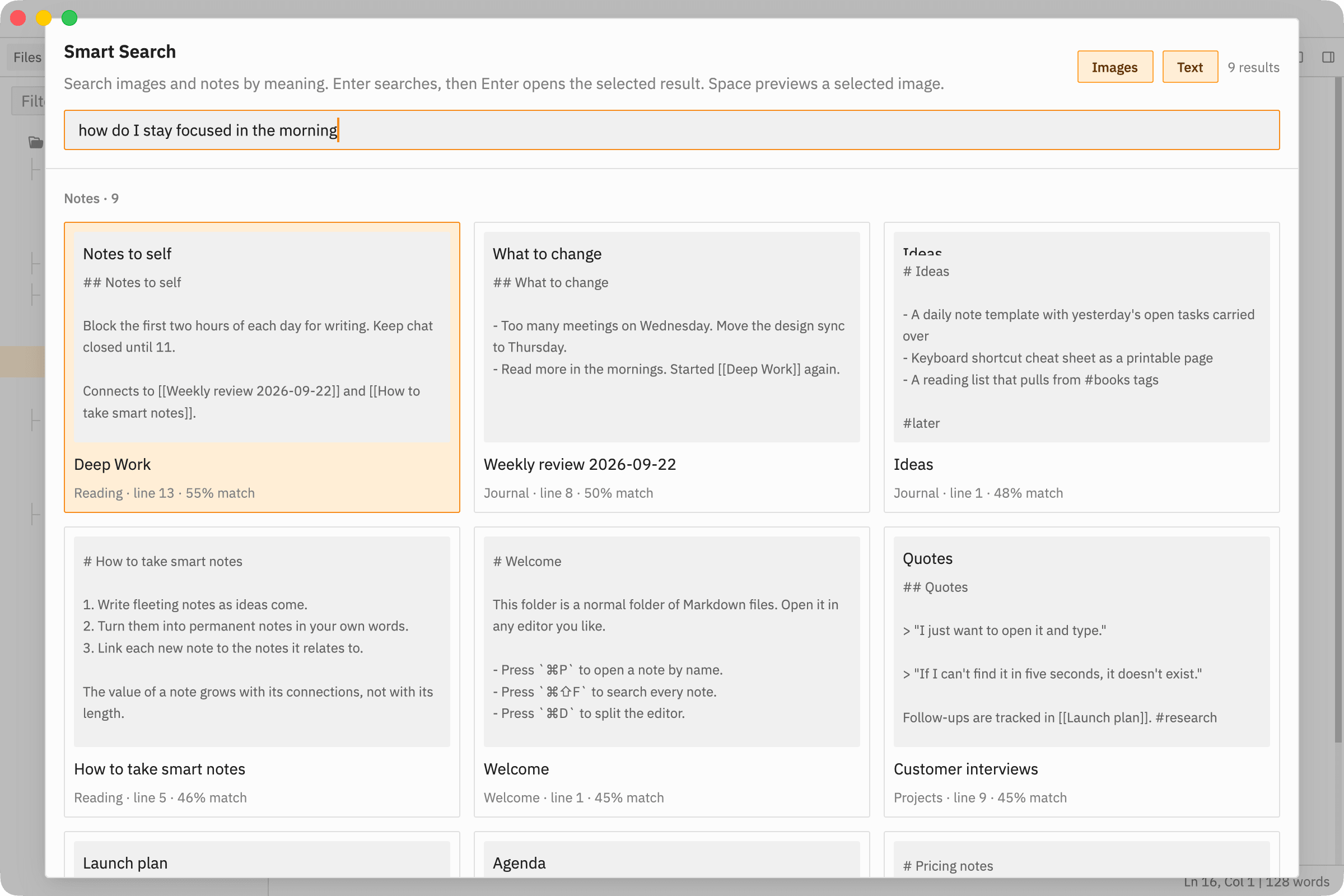 Smart Search results for a question about staying focused, with matching notes